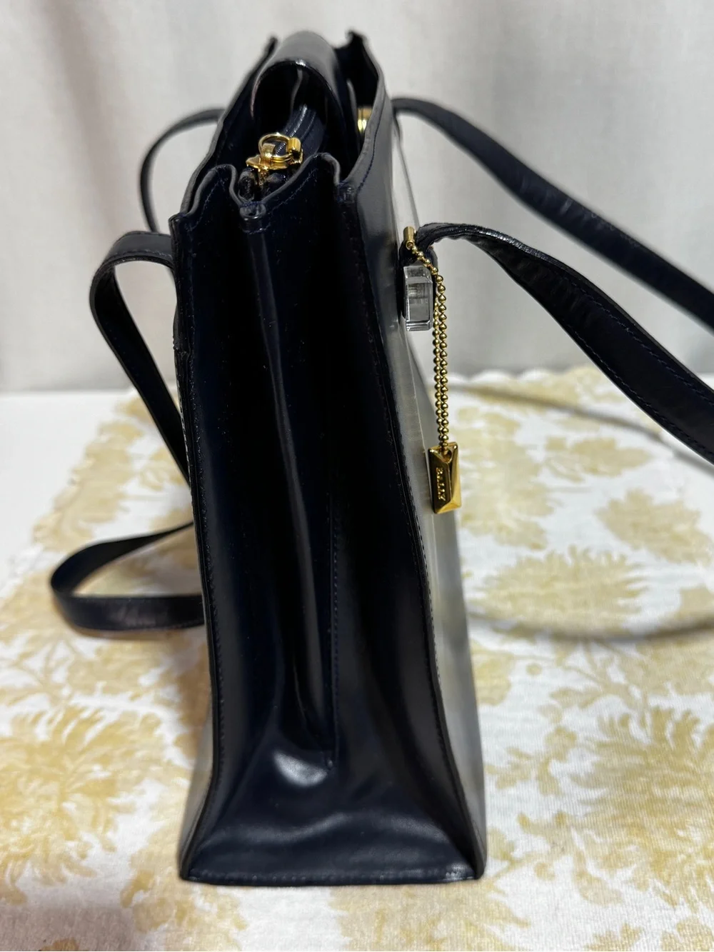 Bally Navy Leather Structured Satchel/Tote Gold Charm/Hardwares Made in Italy